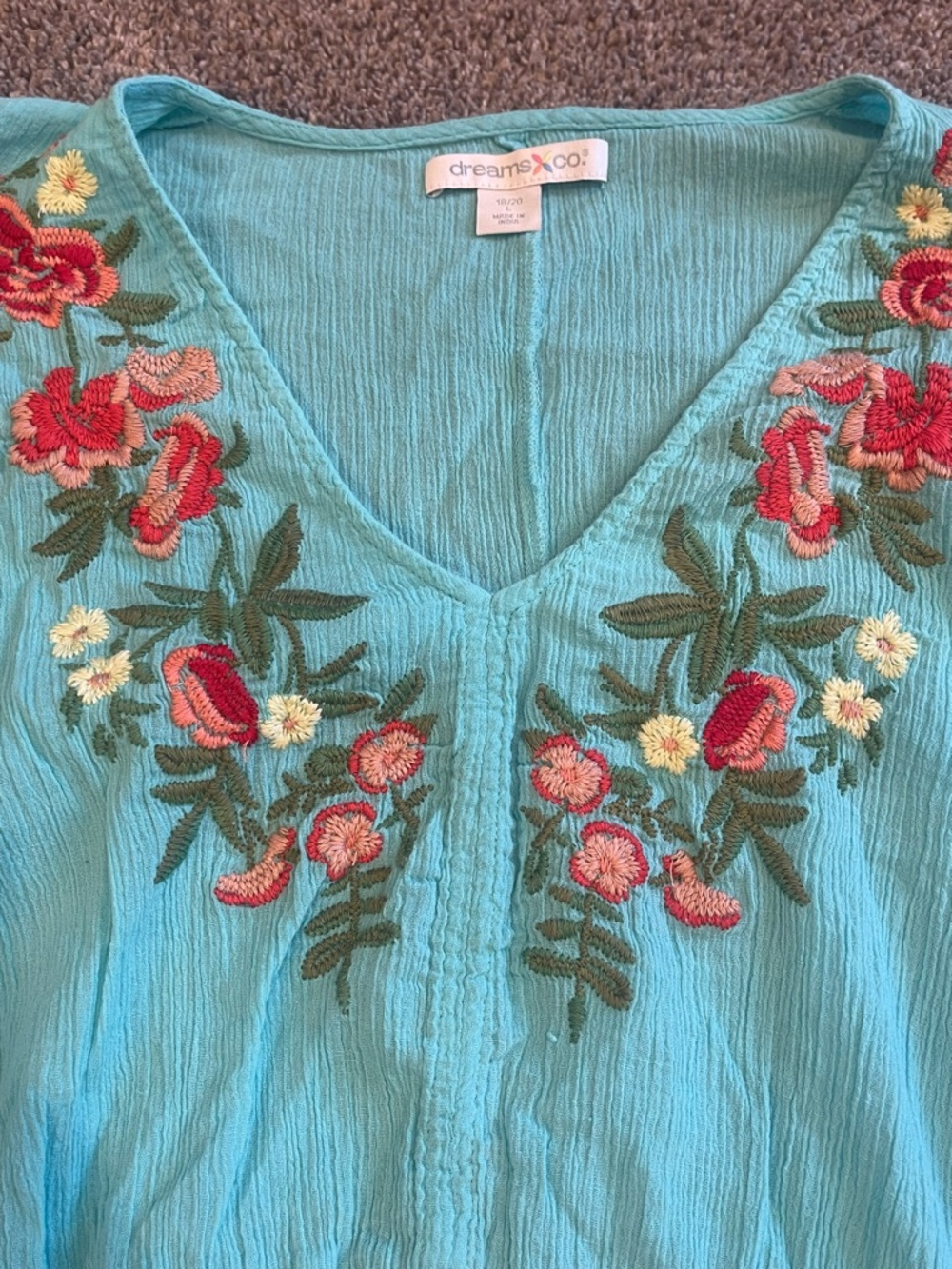 Dreams & Co Aqua Embroidered Floral Cotton Boho Midi Maxi Dress L 18/20 - Picture 5 of 8